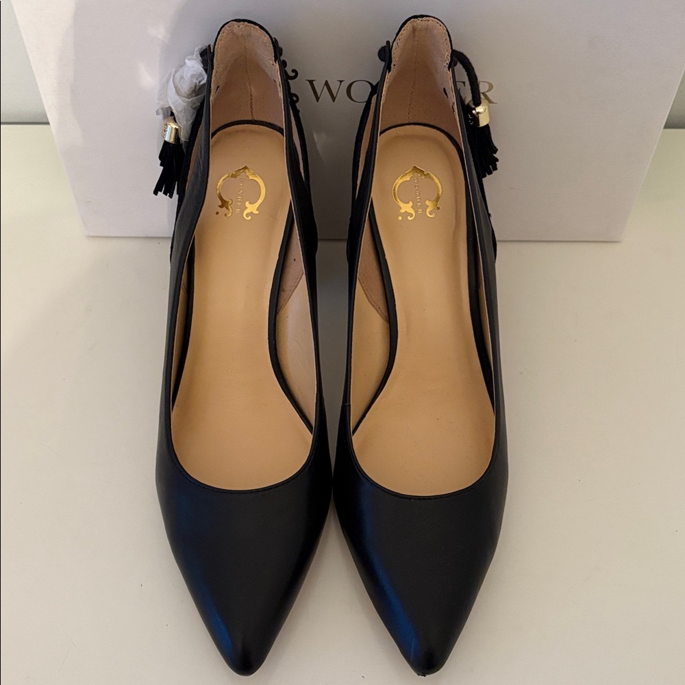 C Wonder Charlotte Leather & Suede Black Heel Pump Tassels Size 8.5 NIB - Picture 4 of 6